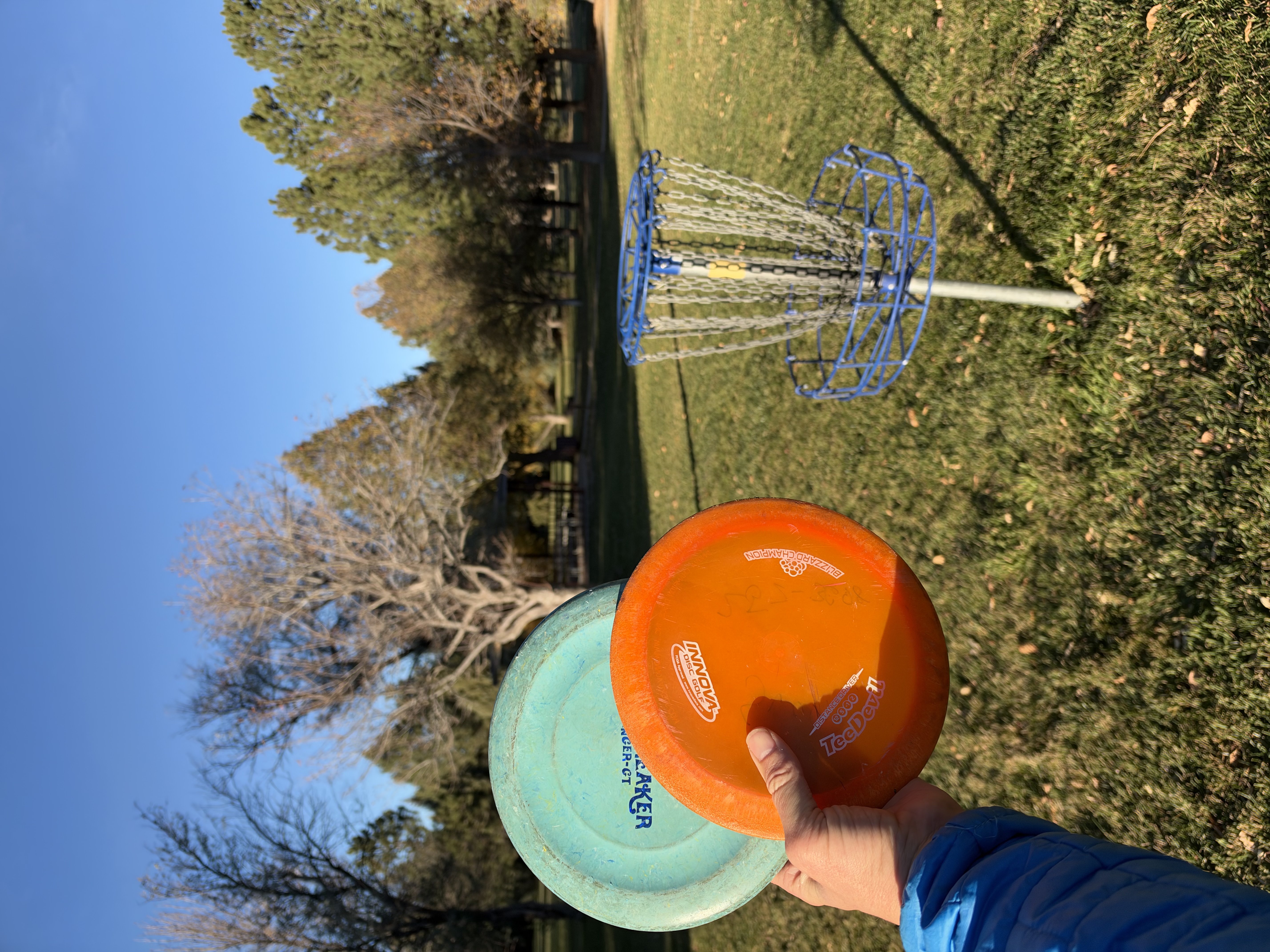 A hand holding an orange disc golf disc over a teal disc on a grassy course